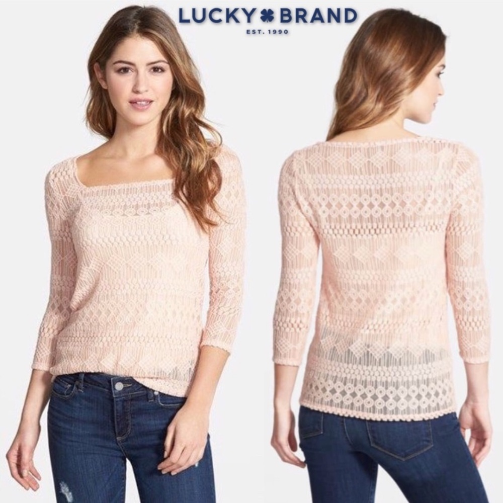 2/$25 Lucky Brand Pink Peach Crochet Lace 3/4 Length Sleeves peasant Top boho